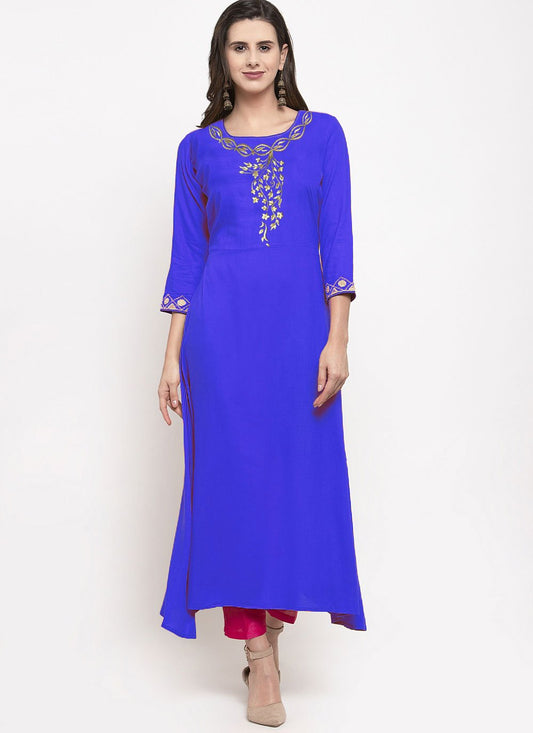 Party Wear Kurti Rayon Blue Embroidered Kurtis