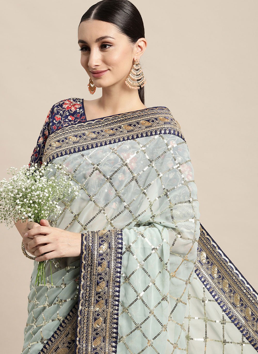 Classic Georgette Blue Embroidered Saree