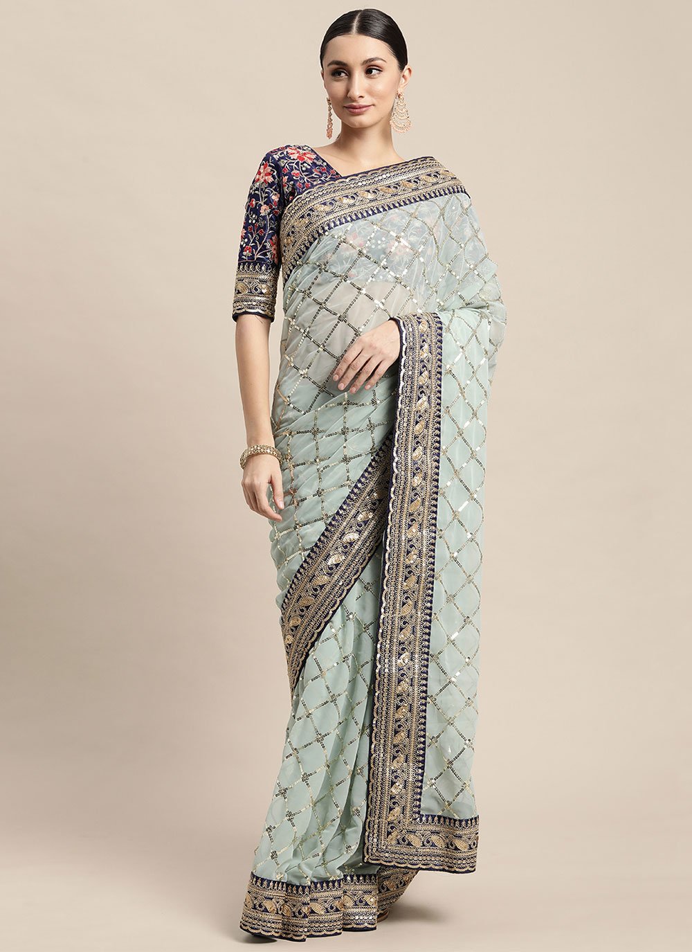 Classic Georgette Blue Embroidered Saree