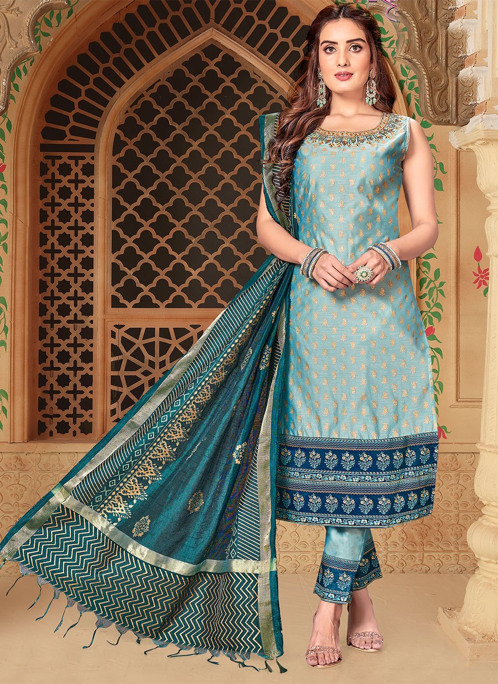 Salwar Suit Silk Blue Embroidered Salwar Kameez