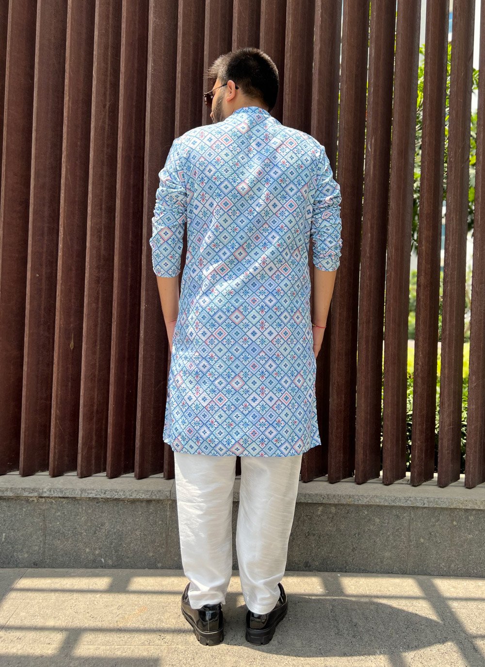 Kurta Pyjama Soft Cotton Blue Embroidered Mens