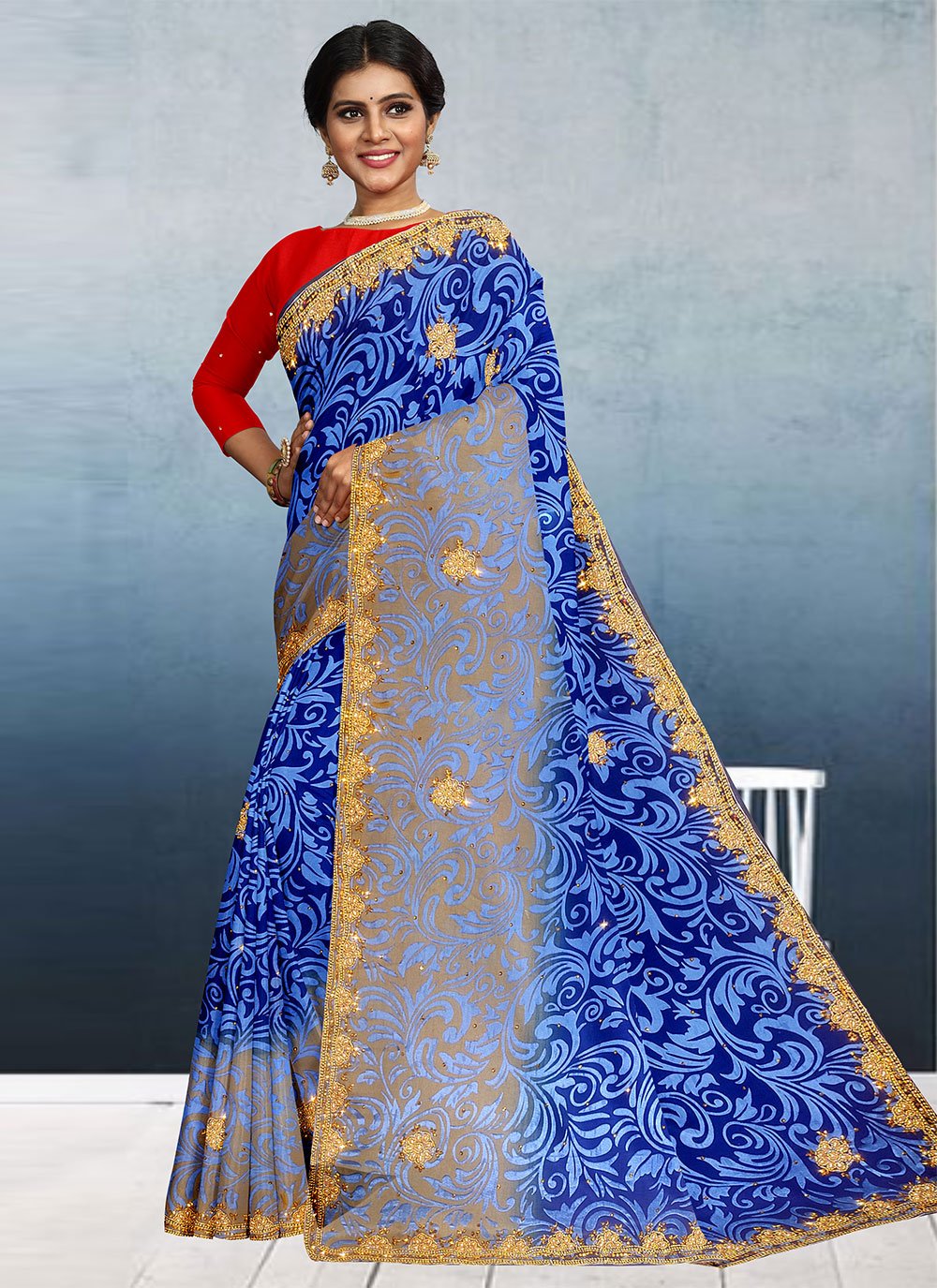 Traditional Saree Brasso Blue Embroidered Saree