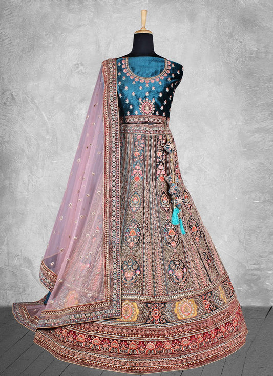 A Line Lehenga Velvet Blue Embroidered Lehenga Choli