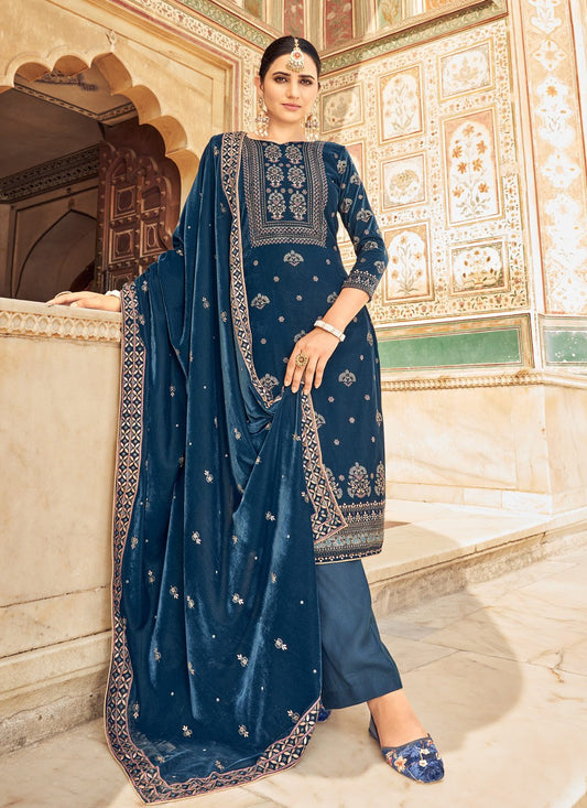 Palazzo Salwar Suit Velvet Blue Embroidered Salwar Kameez