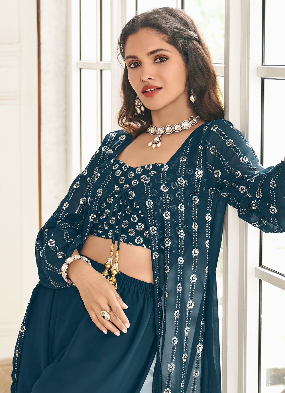 Palazzo Salwar Suit Georgette Blue Embroidered Salwar Kameez