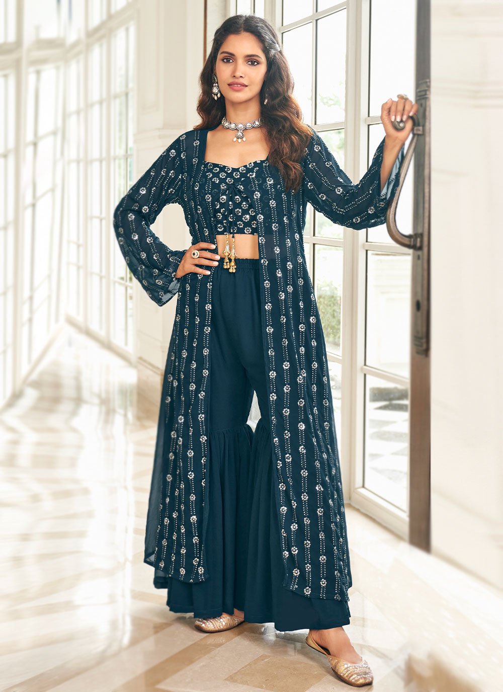 Palazzo Salwar Suit Georgette Blue Embroidered Salwar Kameez