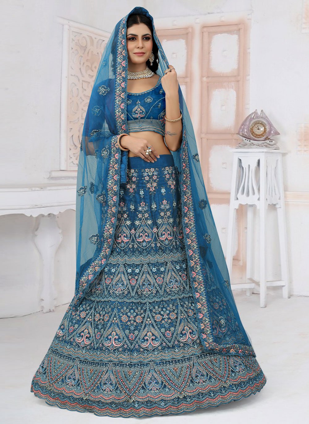 Lehenga Choli Net Blue Embroidered Lehenga Choli