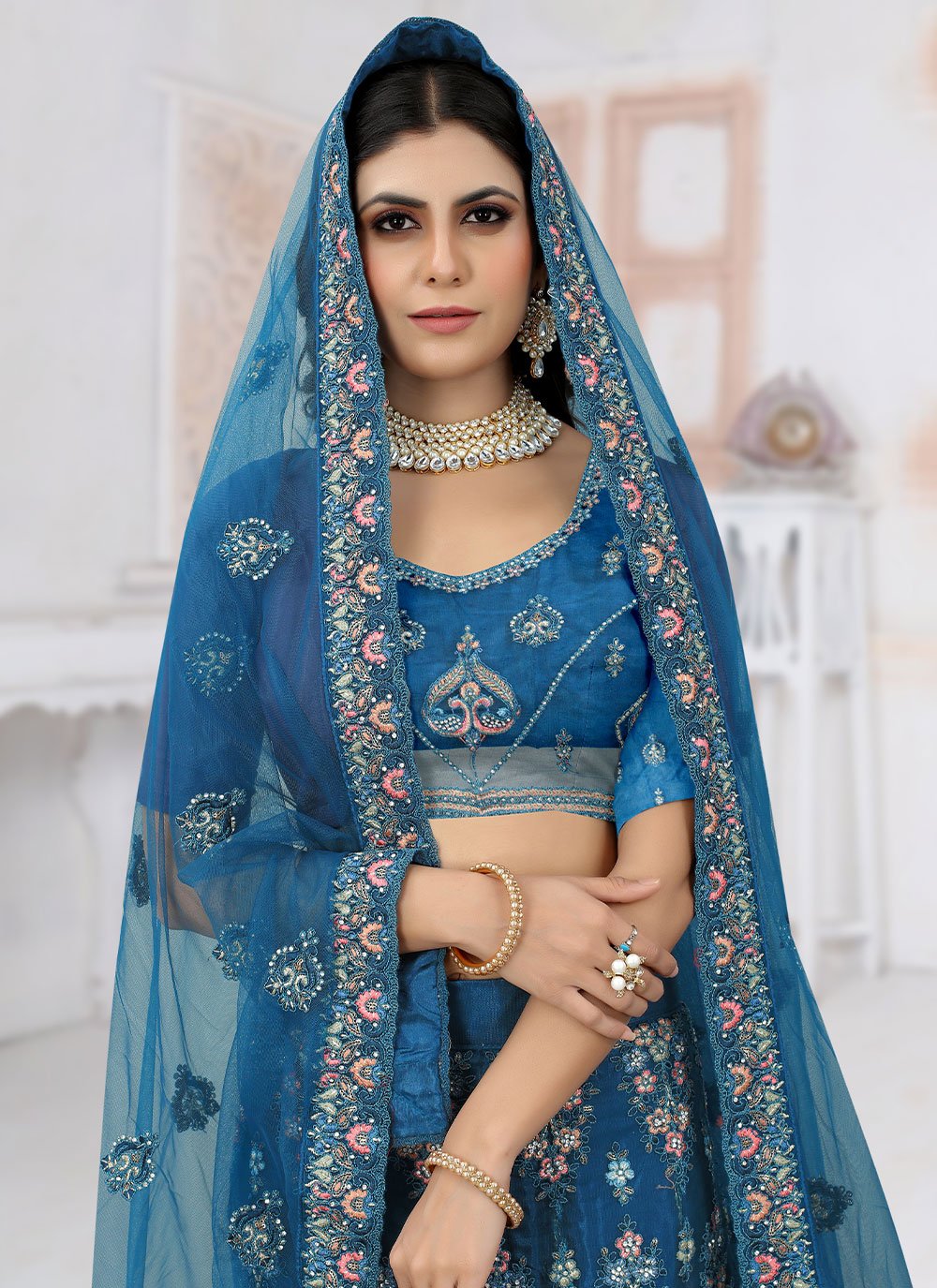 Lehenga Choli Net Blue Embroidered Lehenga Choli