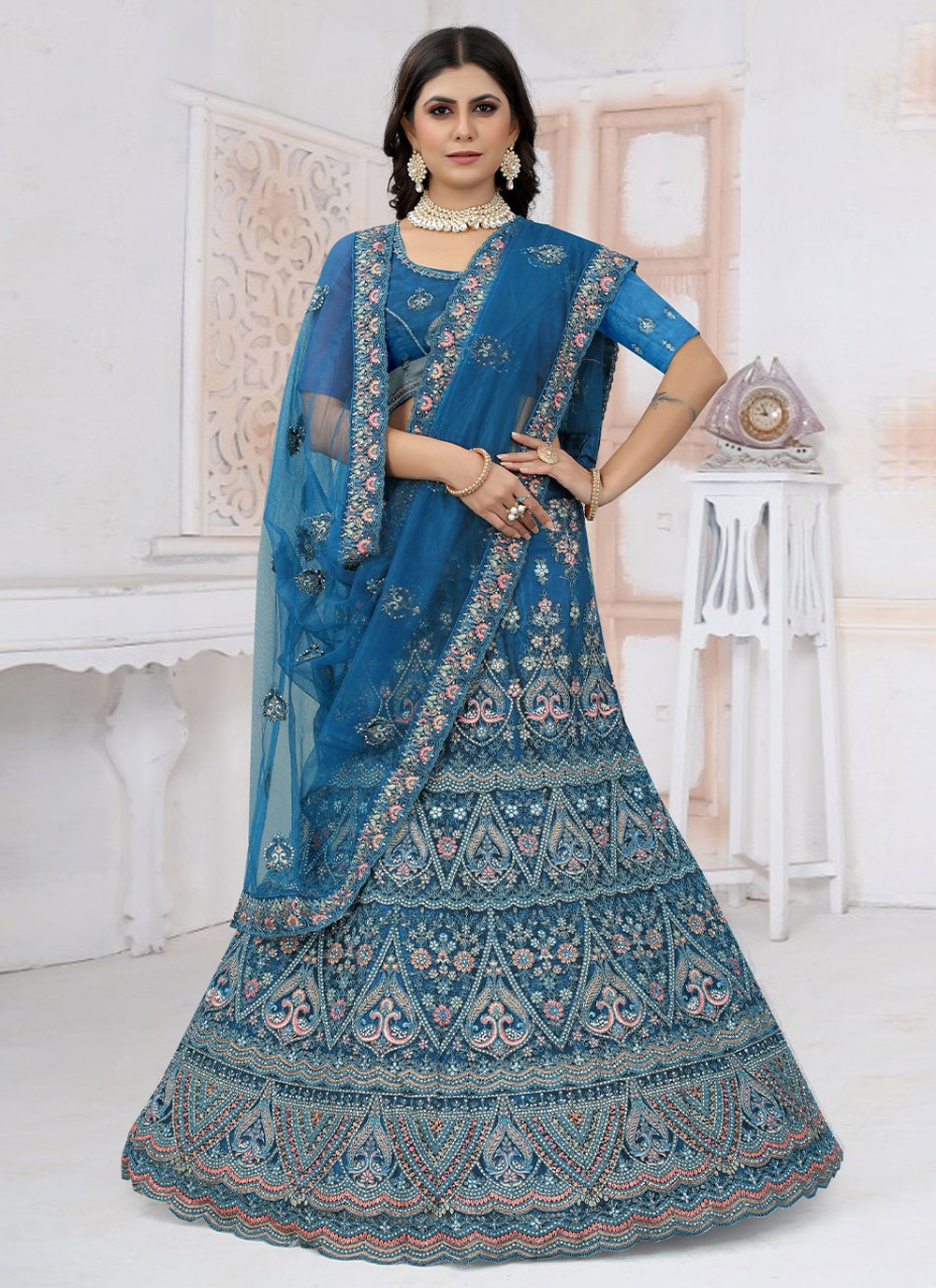 Lehenga Choli Net Blue Embroidered Lehenga Choli