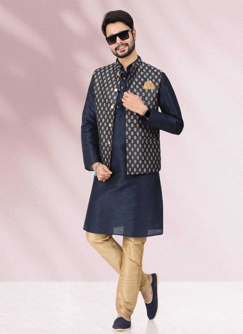 Kurta Payjama With Jacket Banarasi Silk Jacquard Blue Jacquard Work Mens