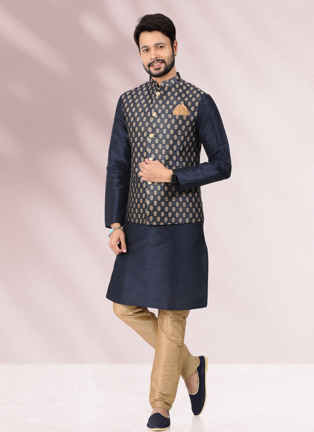 Kurta Payjama With Jacket Banarasi Silk Jacquard Blue Jacquard Work Mens