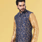 Nehru Jackets Jacquard Silk Blue Embroidered Mens