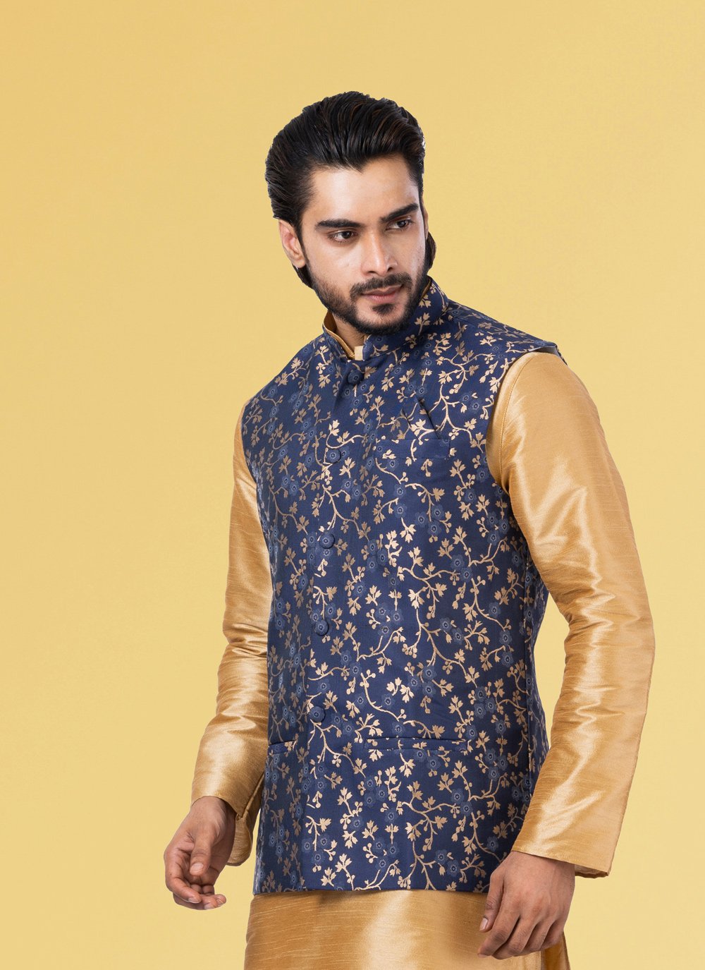 Nehru Jackets Jacquard Silk Blue Embroidered Mens