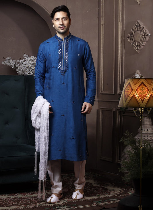 Kurta Pyjama Silk Blue Embroidered Mens
