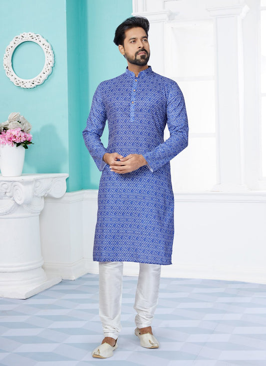 Kurta Pyjama Cotton Blue Digital Print Mens