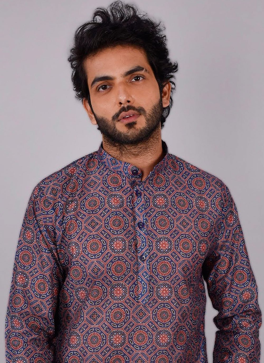 Kurta Pyjama Silk Blue Print Mens