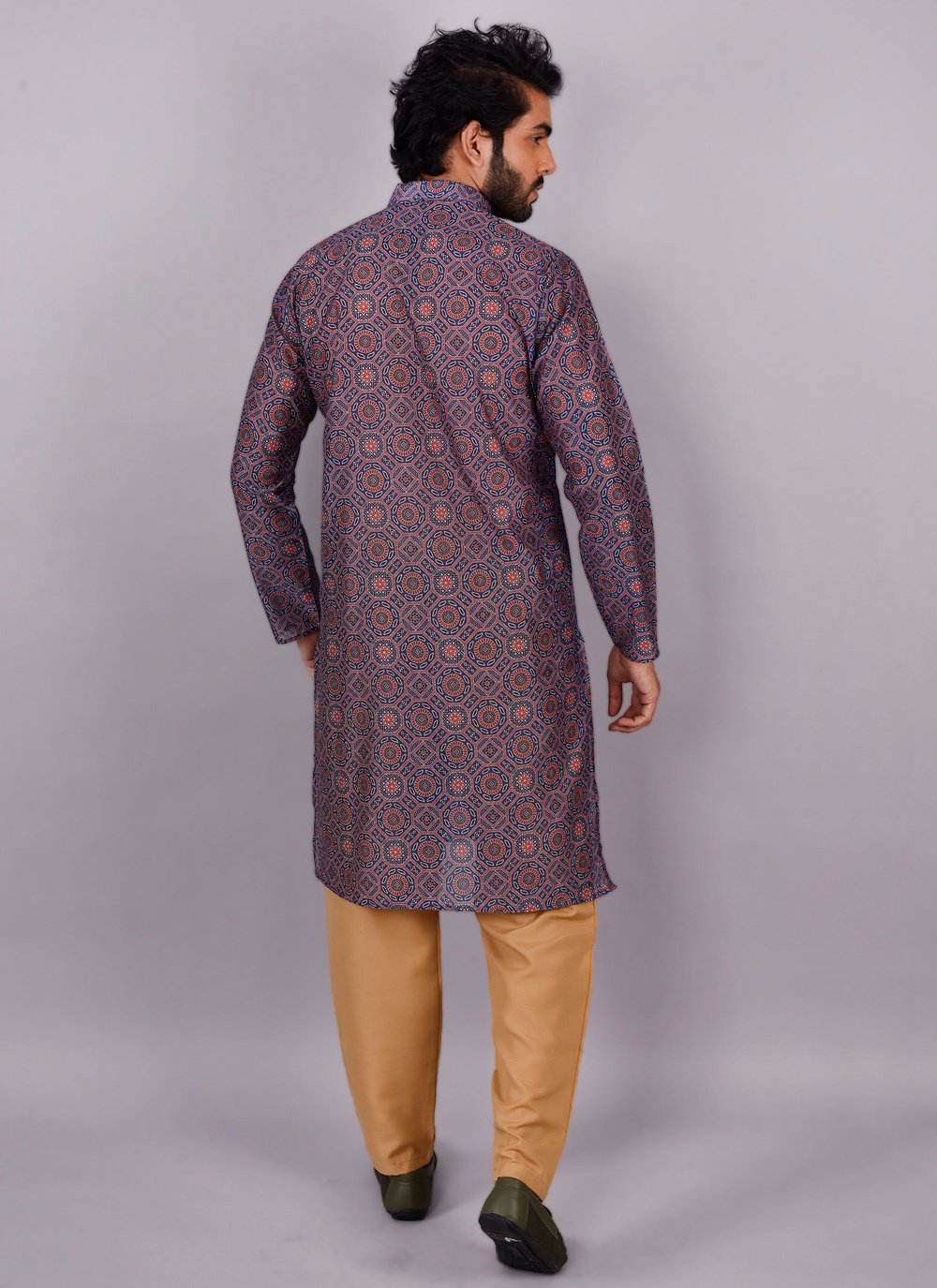 Kurta Pyjama Silk Blue Print Mens