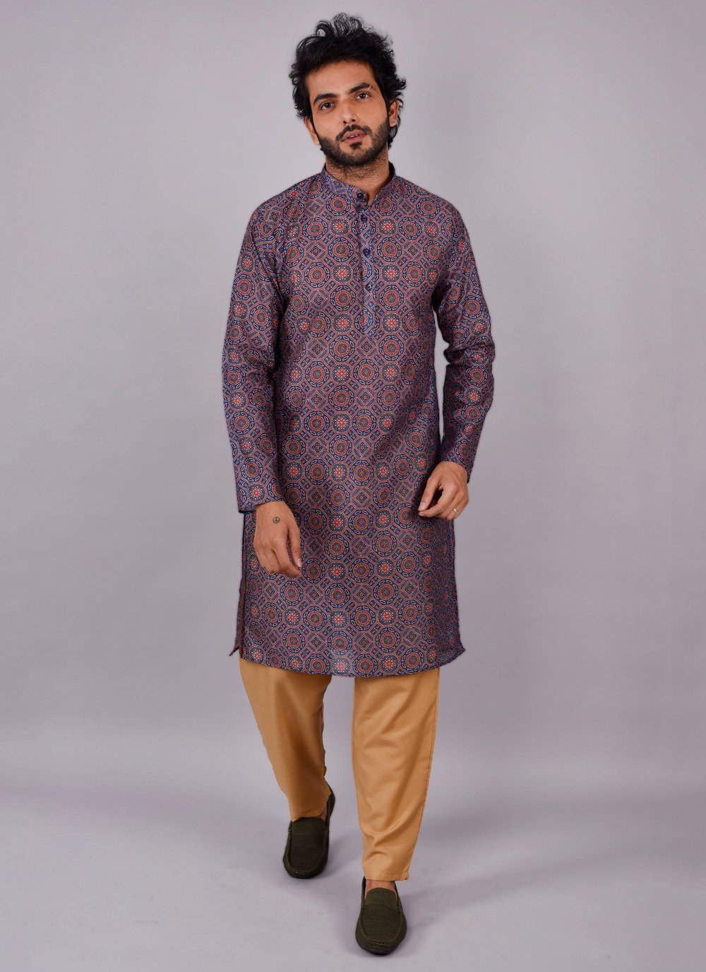 Kurta Pyjama Silk Blue Print Mens