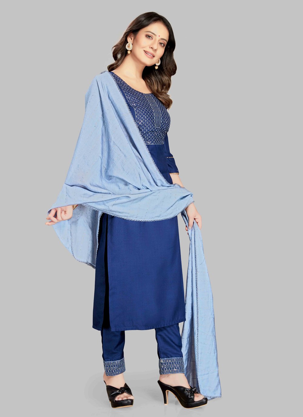 Pant Style Suit Blended Cotton Blue Embroidered Salwar Kameez