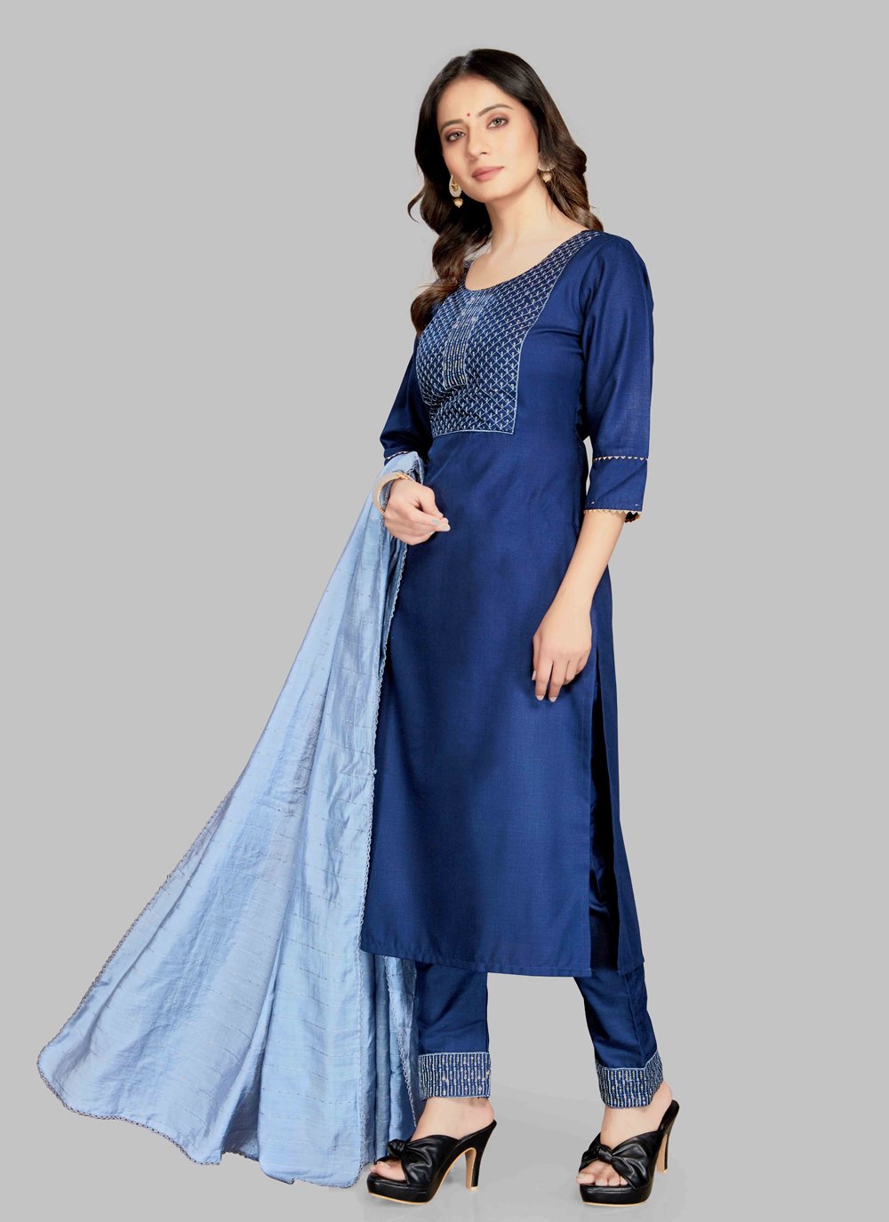 Pant Style Suit Blended Cotton Blue Embroidered Salwar Kameez