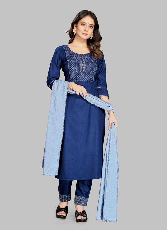 Pant Style Suit Blended Cotton Blue Embroidered Salwar Kameez