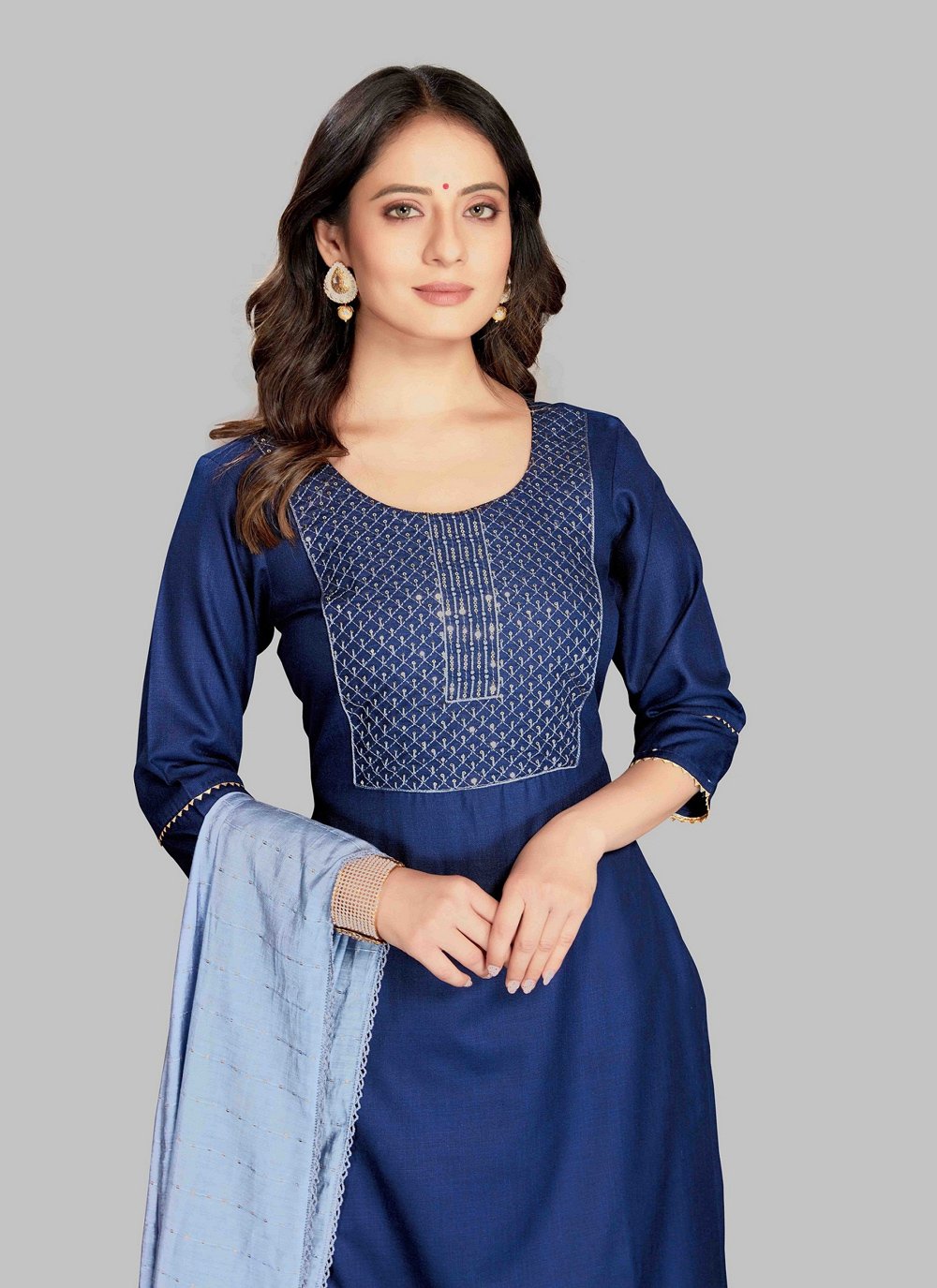 Pant Style Suit Blended Cotton Blue Embroidered Salwar Kameez