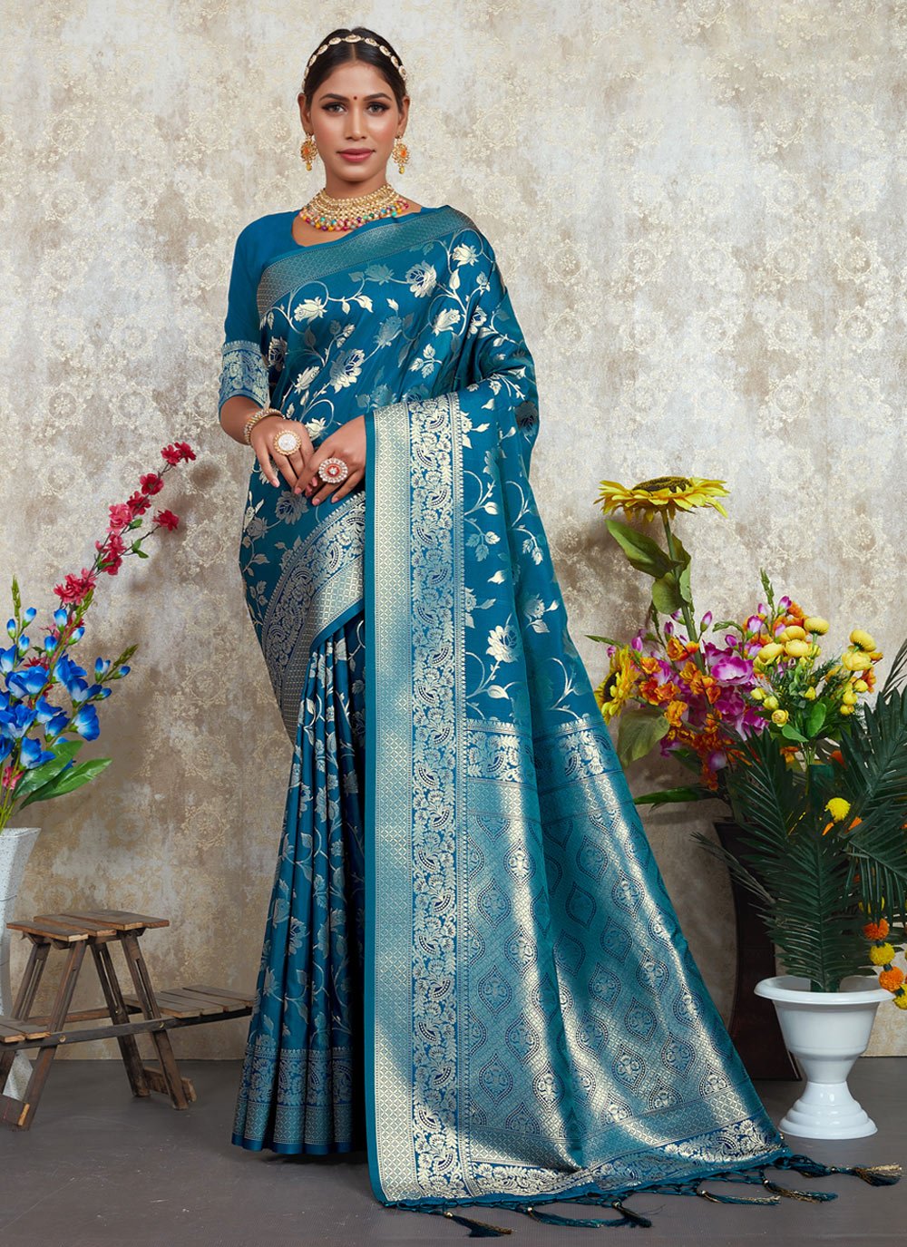 Trendy Saree Silk Blue Foil Print Saree