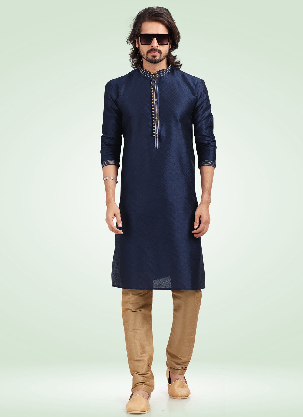 Kurta Pyjama Banarasi Jacquard Blue Fancy Work Mens