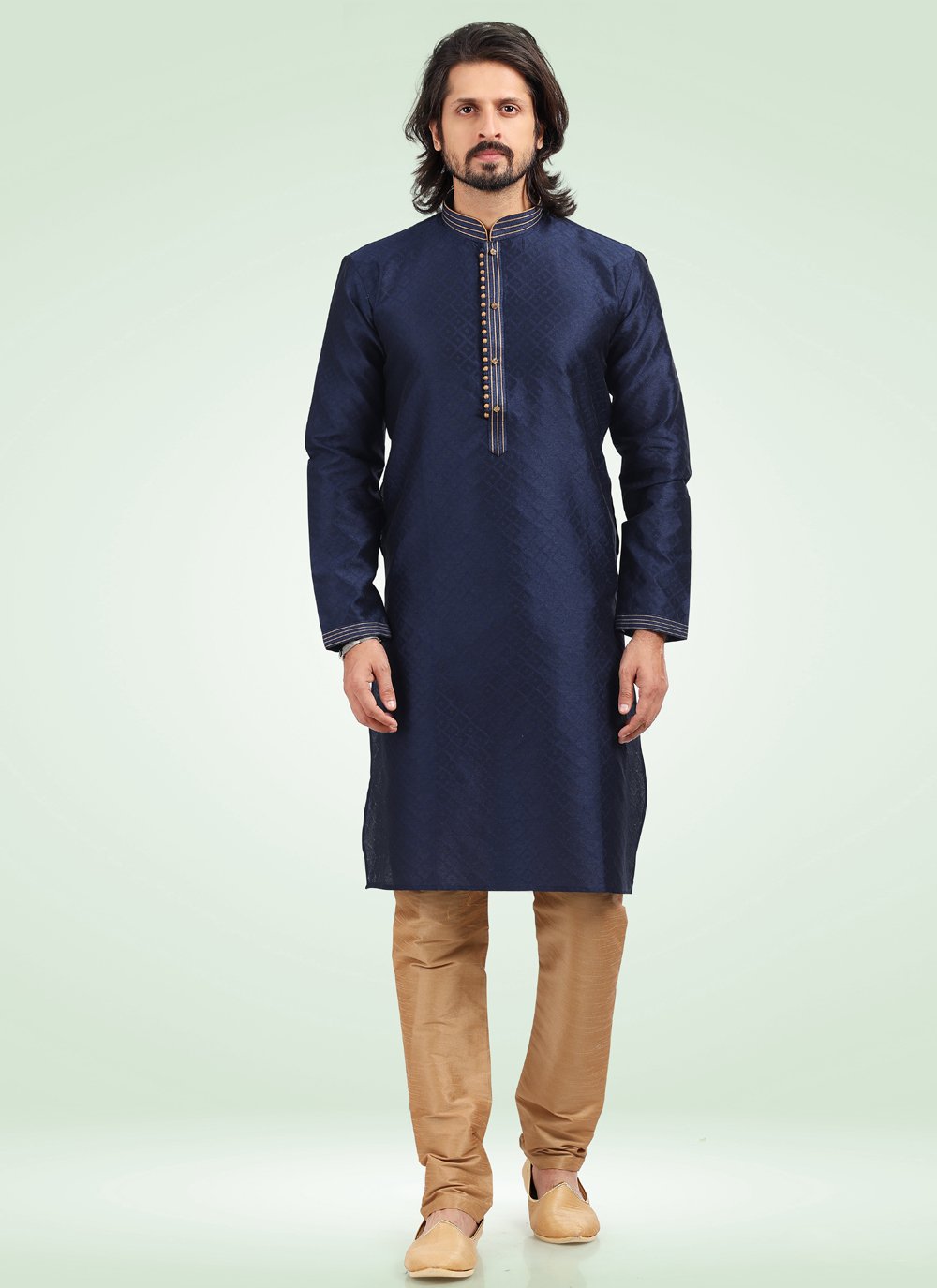 Kurta Pyjama Banarasi Jacquard Blue Fancy Work Mens