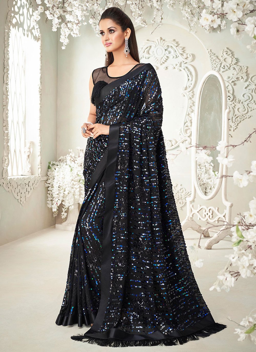 Contemporary Georgette Blue Fancy Work Saree