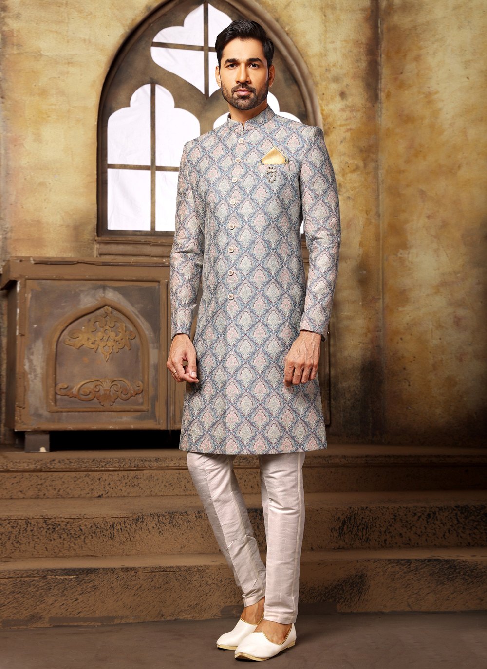 Indo Western Sherwani Fancy Fabric Blue Digital Print Mens