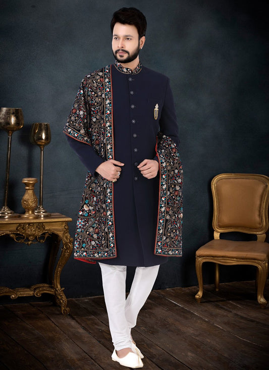 Indo Western Sherwani Fancy Fabric Blue Embroidered Mens