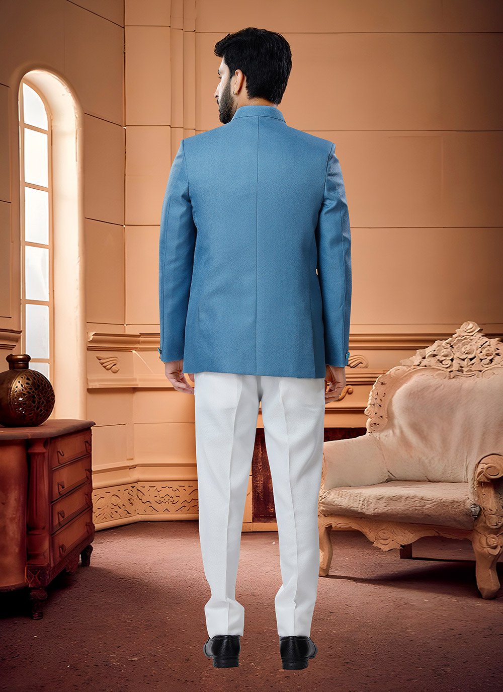 Jodhpuri Suit Fancy Fabric Blue Buttons Mens Kajols Indian Pakistani Fashion Tailoring