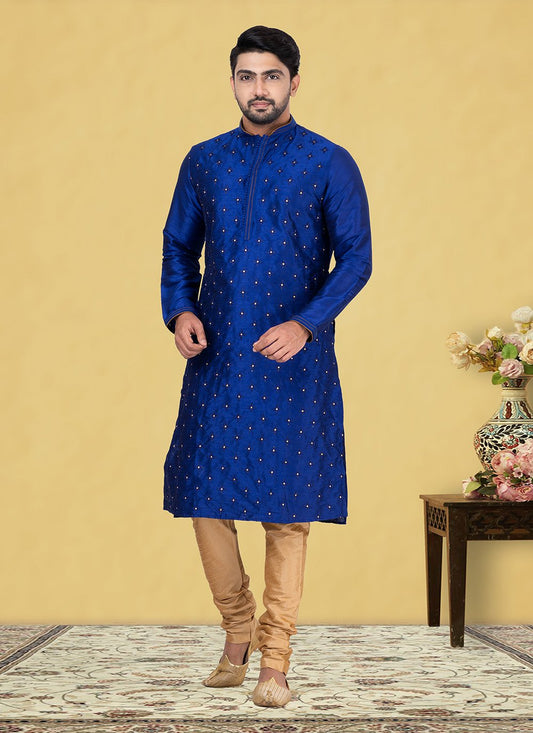 Kurta Pyjama Dupion Silk Blue Fancy Work Mens