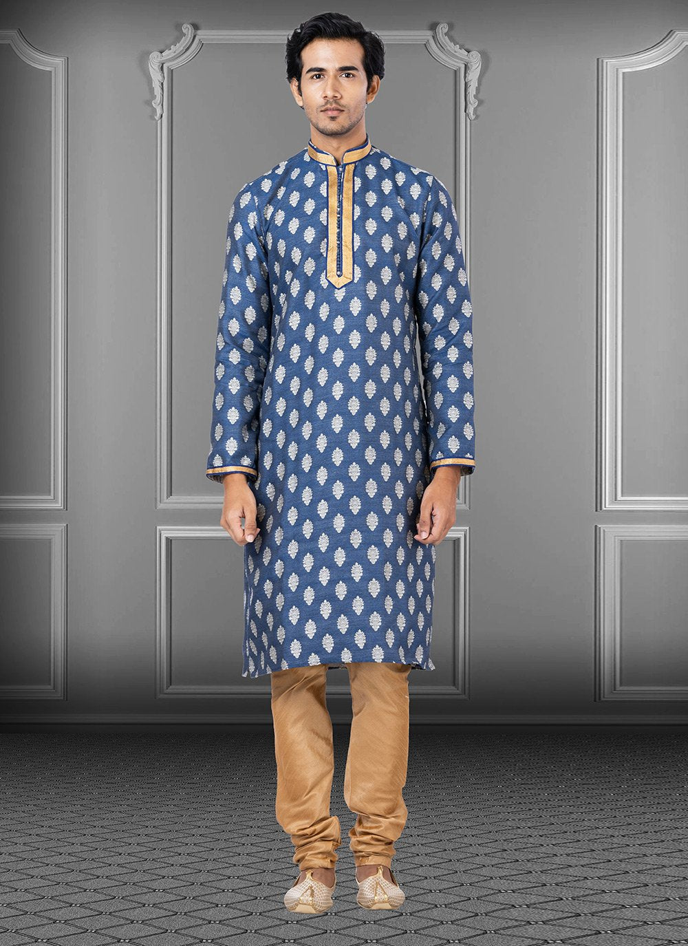 Kurta Pyjama Jacquard Blue Fancy Work Mens