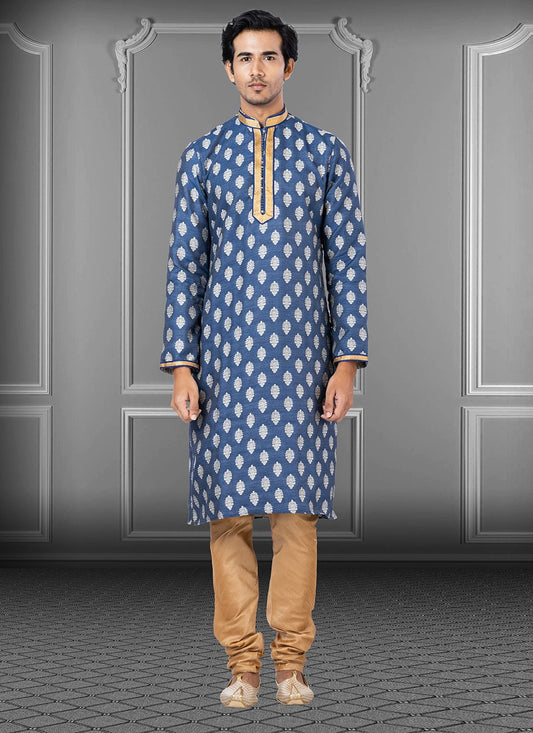 Kurta Pyjama Jacquard Blue Fancy Work Mens