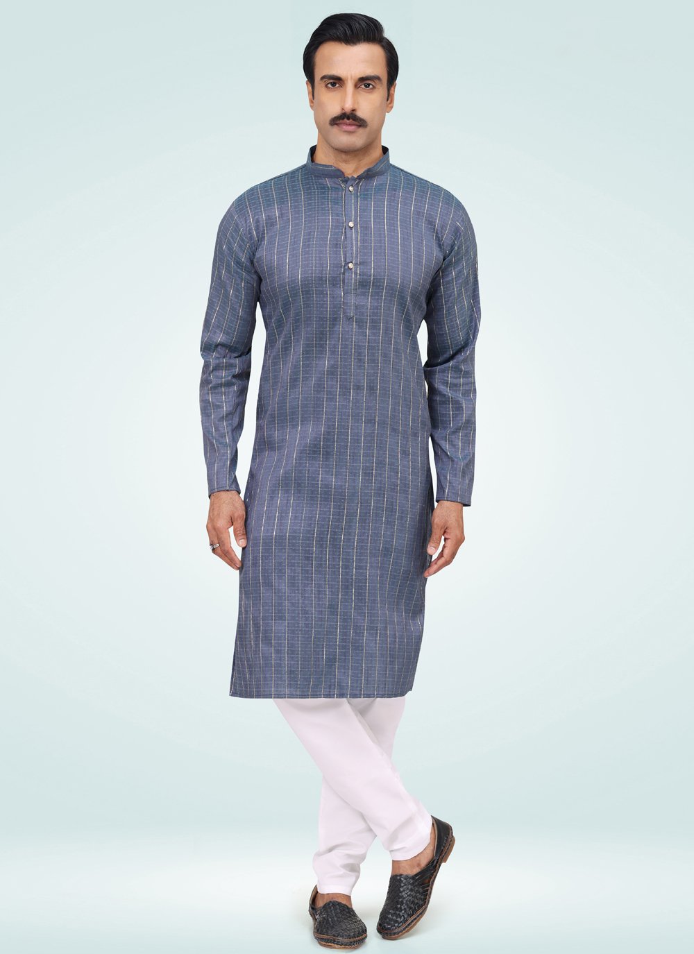 Kurta Pyjama Silk Blue Fancy Work Mens