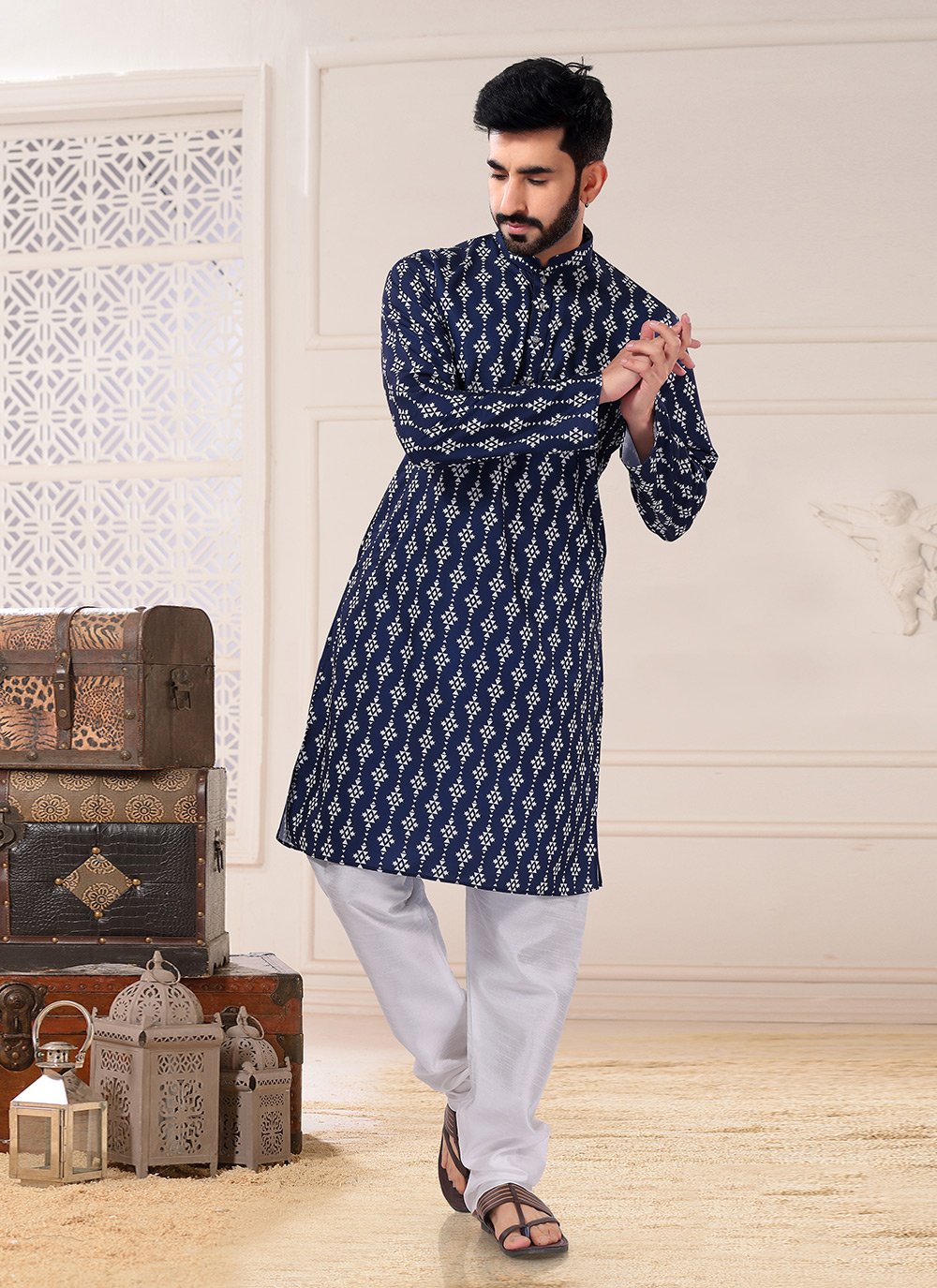 Kurta Pyjama Cotton Blue Fancy Work Mens