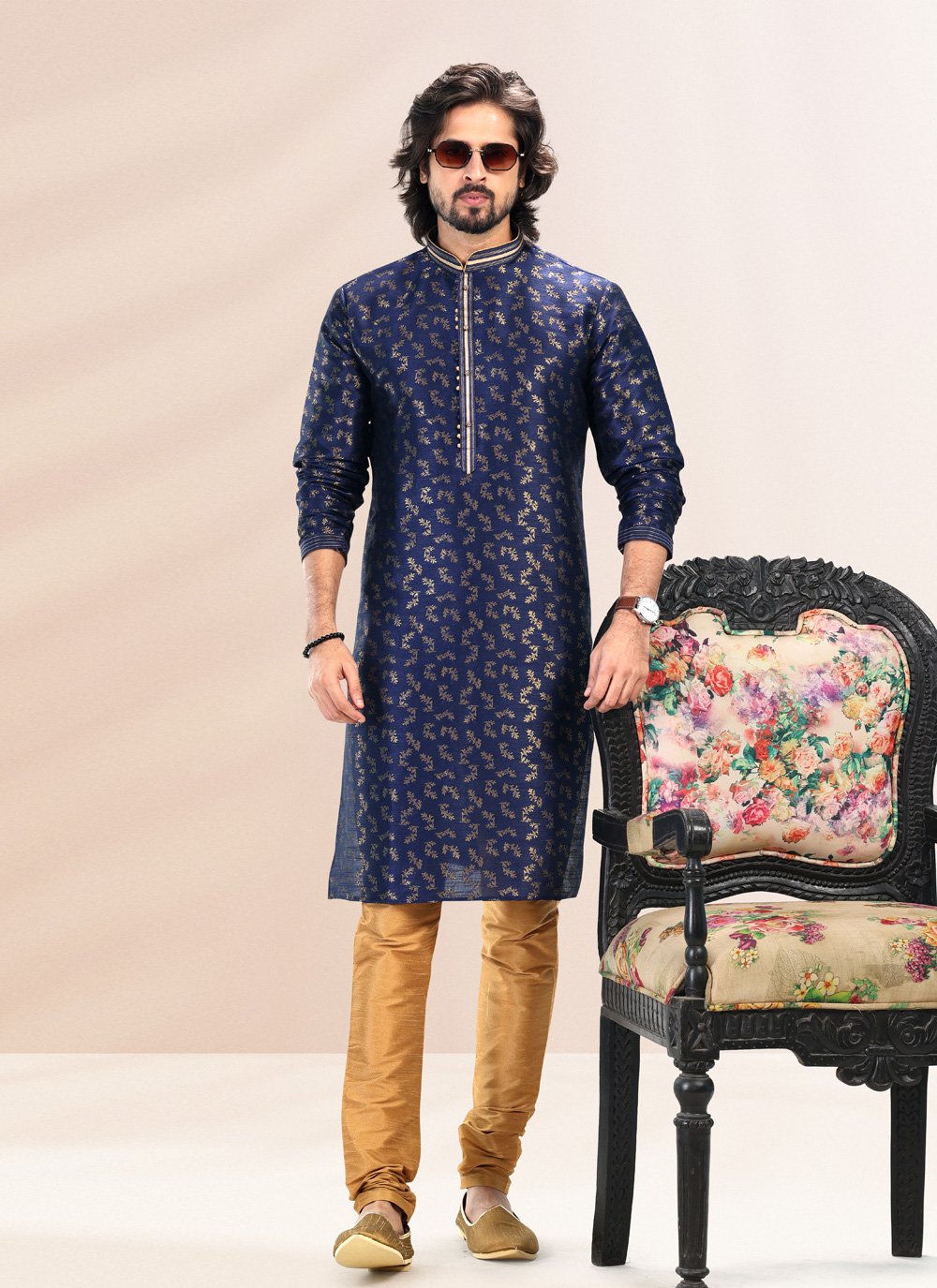 Kurta Pyjama Banarasi Silk Jacquard Blue Fancy Work Mens