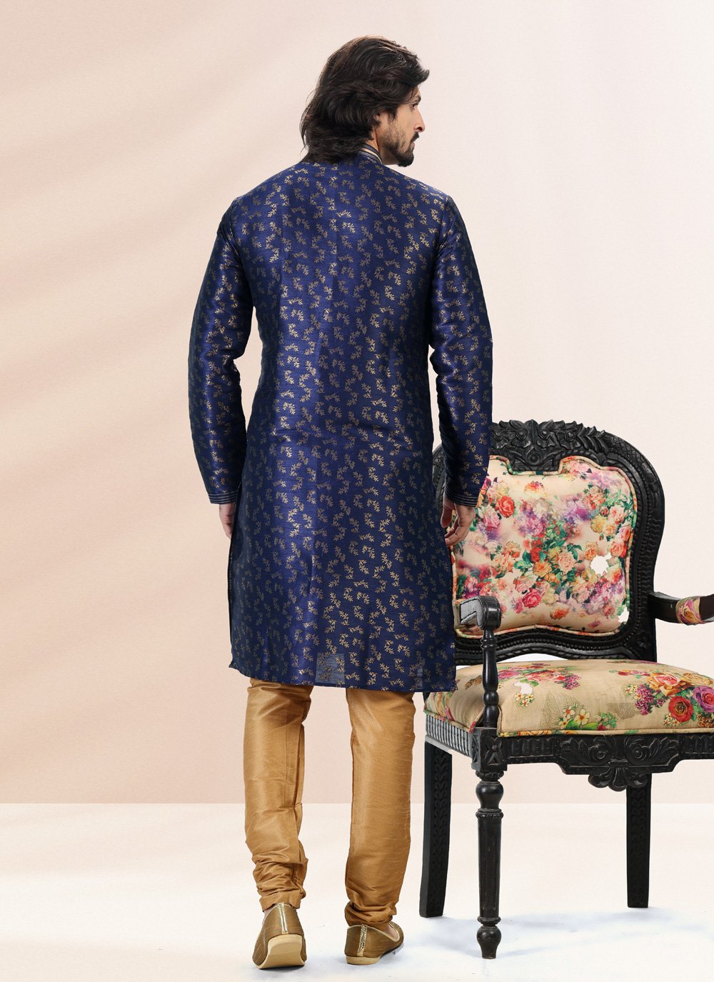 Kurta Pyjama Banarasi Silk Jacquard Blue Fancy Work Mens