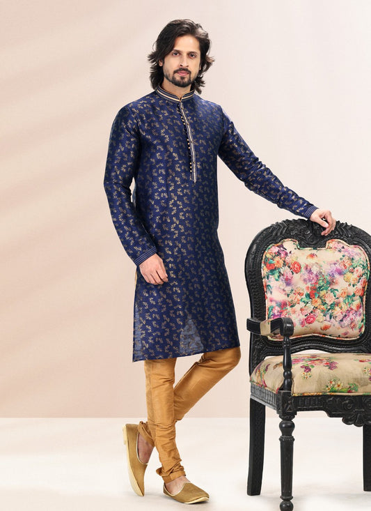 Kurta Pyjama Banarasi Silk Jacquard Blue Fancy Work Mens