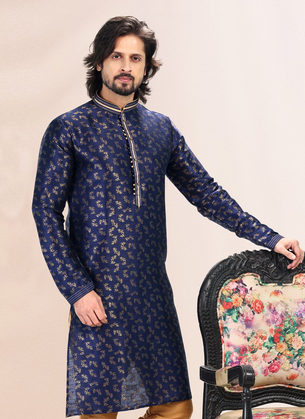 Kurta Pyjama Banarasi Silk Jacquard Blue Fancy Work Mens