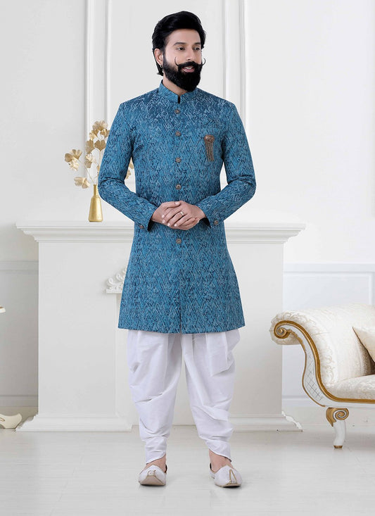 Indo Western Imported Jacquard Blue Fancy Work Mens
