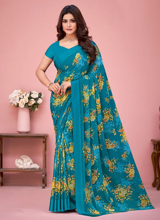 Trendy Saree Faux Chiffon Blue Print Saree