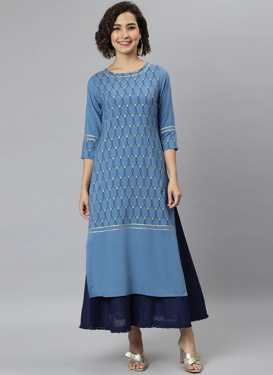 Casual Kurti Faux Crepe Blue Print Kurtis