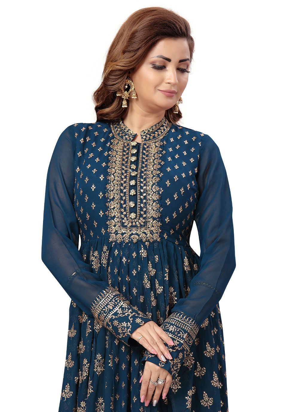 Trendy Suit Faux Georgette Blue Embroidered Salwar Kameez