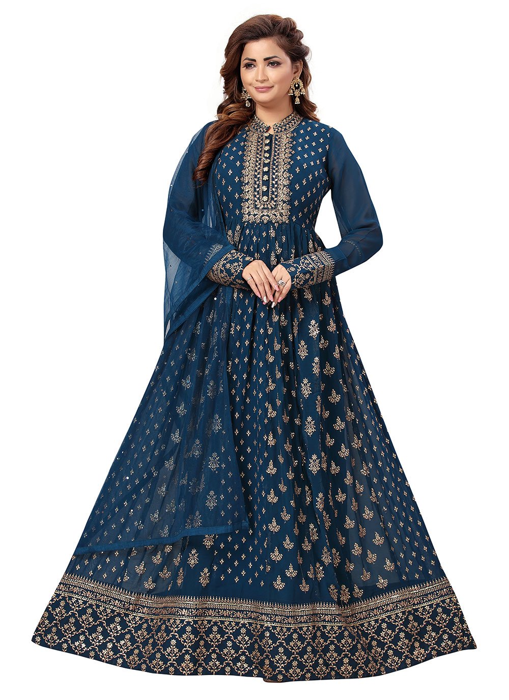 Trendy Suit Faux Georgette Blue Embroidered Salwar Kameez