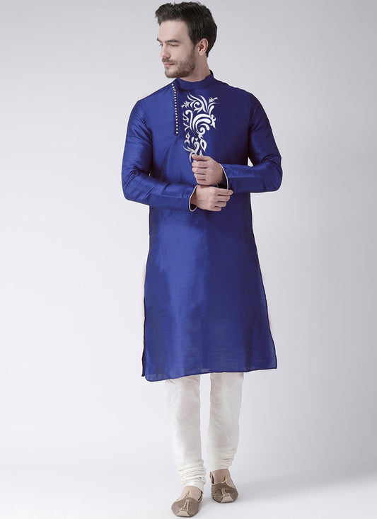 Kurta Pyjama Art Dupion Silk Blue Embroidered Mens