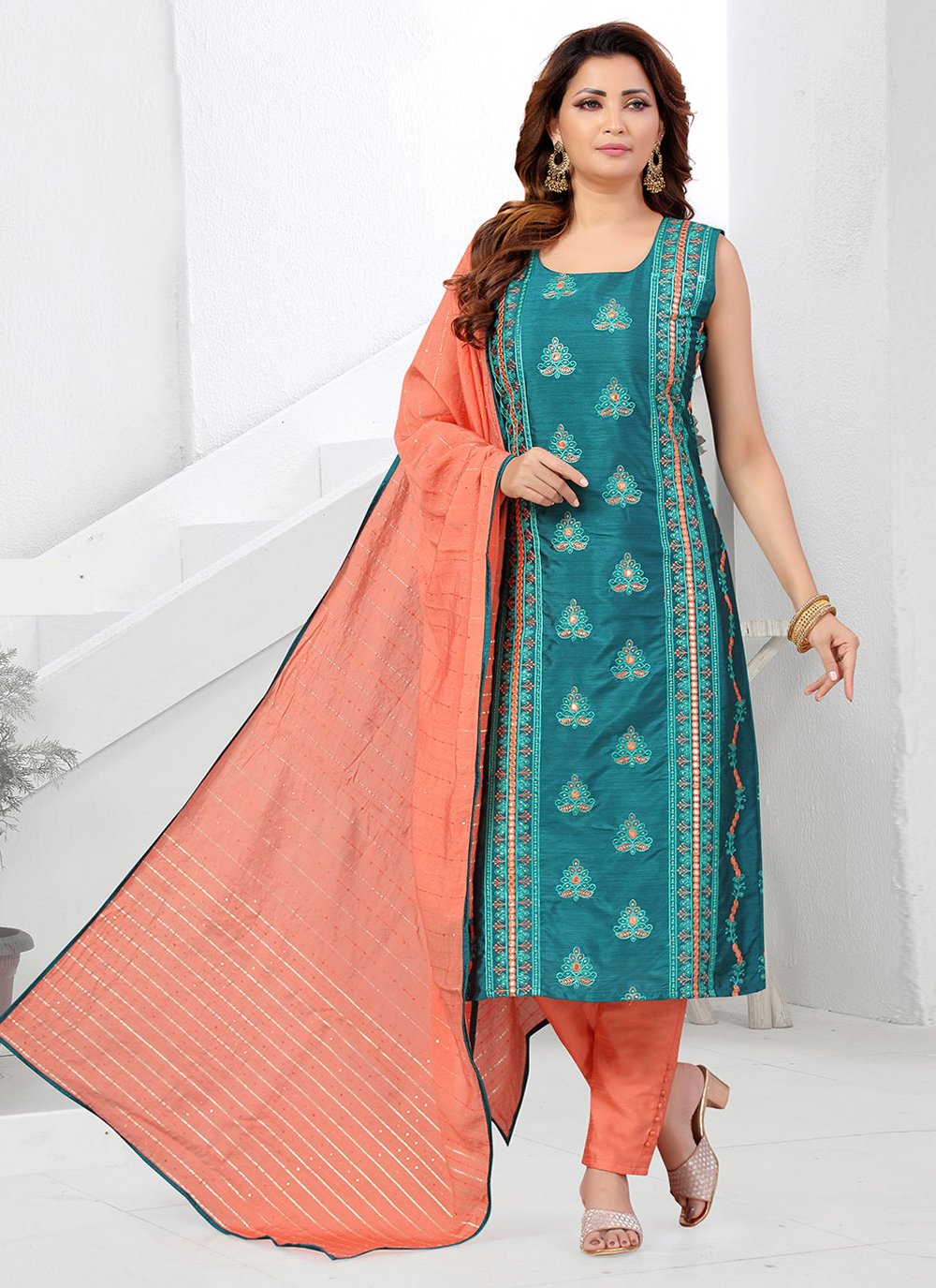 Salwar Suit Art Silk Blue Embroidered Salwar Kameez