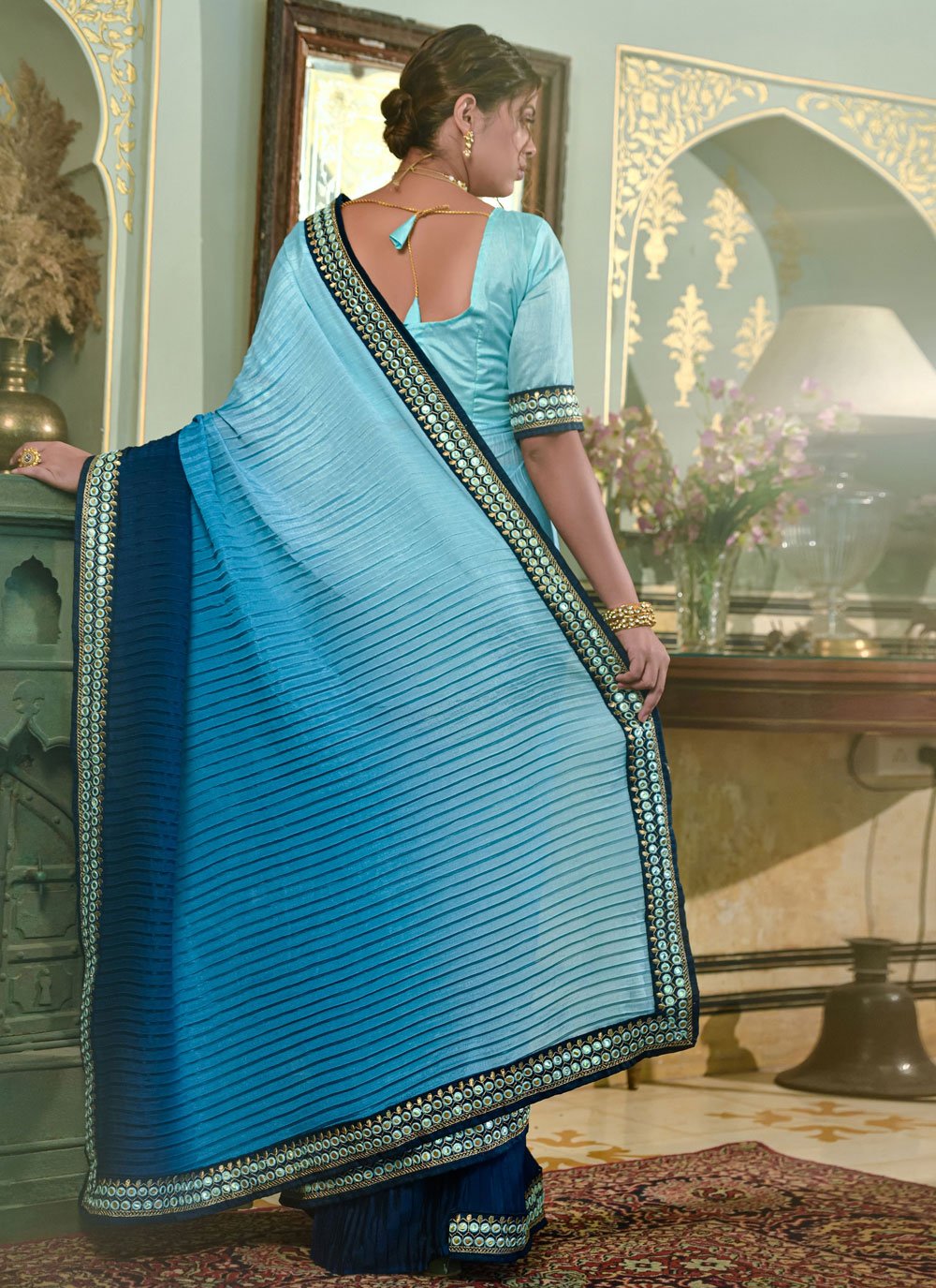 Classic Chinon Blue Embroidered Saree